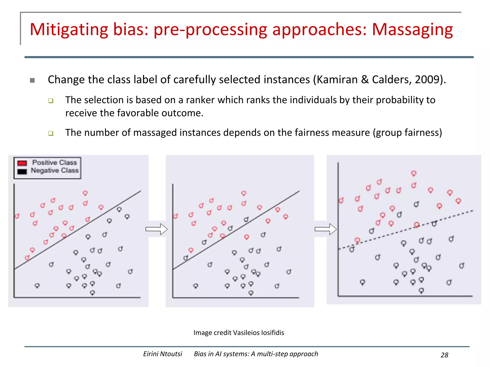 Mitigating bias: pre-processing approaches: Massaging
 Change the class label of carefully selected instances (Kamiran & Calders, 2009).
 The selection is based on a ranker which ranks the individuals by their probability to
receive the favorable outcome.
 The number of massaged instances depends on the fairness measure (group fairness)
28
Eirini Ntoutsi Bias in AI systems: A multi-step approach
Image credit Vasileios Iosifidis
 