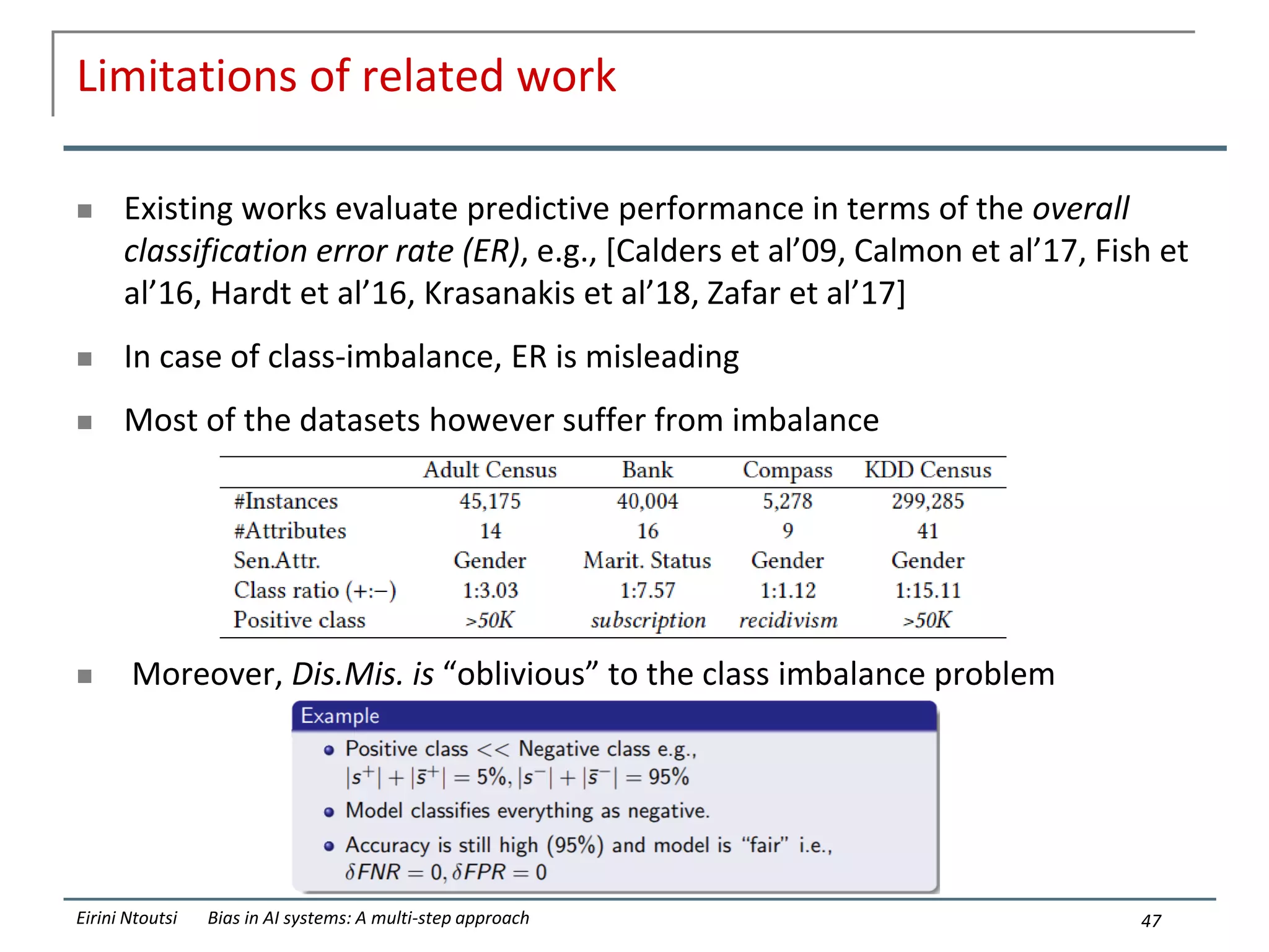 Limitations of related work
 Existing works evaluate predictive performance in terms of the overall
classification error rate (ER), e.g., [Calders et al’09, Calmon et al’17, Fish et
al’16, Hardt et al’16, Krasanakis et al’18, Zafar et al’17]
 In case of class-imbalance, ER is misleading
 Most of the datasets however suffer from imbalance
 Moreover, Dis.Mis. is “oblivious” to the class imbalance problem
47
Eirini Ntoutsi Bias in AI systems: A multi-step approach
 