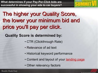 The higher your Quality Score,  the lower your minimum bid and price you'll pay per click. What determines if your Pay-Per-Click bids are successful in showing your ads to car buyers? Quality Score is determined by: •  CTR (Clickthrough Rate) •  Relevance of ad text •  Historical keyword performance •  Content and layout of your  landing page •  Other relevancy factors 