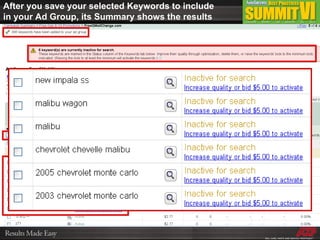 After you save your selected Keywords to include in your Ad Group, its Summary shows the results 