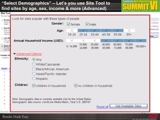 “ Select Demographics” – Let’s you use Site Tool to find sites by age, sex, income & more (Advanced) 