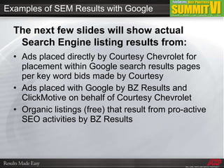Examples of SEM Results with Google Ads placed directly by Courtesy Chevrolet for placement within Google search results pages per key word bids made by Courtesy Ads placed with Google by BZ Results and ClickMotive on behalf of Courtesy Chevrolet Organic listings (free) that result from pro-active SEO activities by BZ Results The next few slides will show actual Search Engine listing results from: 