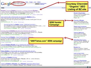 Courtesy Chevrolet “Organic” SEO Listing of BZ site SEM Vendor Campaign “ 2007Tahoe.com” SEM campaign 