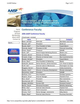 AAISP Online                                                                             Page 1 of 2




            Home Conference Faculty
         Programs
          Services 2006 AAISP Conference Faculty
       Membership
       About AAISP [*Confirmed; +Invited]
        Contact Us          Name                 Position                                 Company
                     Baker, Michael*      EVP/CEO                             Bob Baker Auto Group
 search...
                     Bonnell, Jeff*       President                           MJMI LLC
                     Burack, Mark*        Vice President of Sales             Liquid Motors
                     Chernek, Becky*      President & CEO                     Chernek Consulting, Inc.
                     Choon, Shami*        Treasurer                           AWARE
                     Clark, Jeff*         Search Engine Marketing Director    Dealer.com
                     Colome, Dennis*      Director of Training                Autobytel
                     Criswell, Craig+     Director of Internet Sales          Burt Automotive Group
                     Daseke, Michael*     President                           Liquid Motors
                     Evans, Dean*         Vice President of Marketing         Dealix
                     Galbraith, Dennis*   Senior Director, Online Solutions   J.D. Power & Associates
                     Graff, Don*          Internet Sales & CRM Director       Flemington Car Company
                     Haygood, Darren+     Executive Manager                   Lokey Automotive
                     Haynes, Scott*       Director of Business Development    Penske Indianapolis
                     Herschman, Caryl*    President                           AWARE
                     Hoffman, Eric*       Vice President                      CoVideo Systems
                     Hopkins, Brian*      Internet Manager                    Ted Britt Ford
                     Kain, David*         President                           Kain Automotive
                     Kaczmarczyk, Ali*    President                           Hypnotics, Inc.
                     Keegan, Michelle+    Former CEO                          Constant Contact
                     Metter, David*       Divisional President                MileOne Marketing
                     Miller, Paul*        Internet Sales Director             Capital Ford
                     Mosley, Cory*        Chief Consultant                    Mosley Automotive Group
                     O'Leary, Tom*        Senior Manager, Automotive          eBay Motors
                     Paglia, Ralph*       Internet Sales Director             Courtesy Chevrolet



http://www.aaisponline.org/index.php?option=content&task=view&id=98                        4/1/2006
 