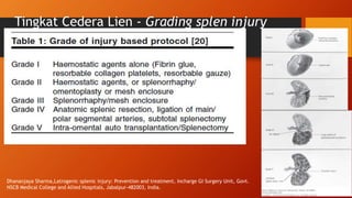 Tingkat Cedera Lien - Grading splen injury
Dhananjaya Sharma,Latrogenic splenic injury: Prevention and treatment, Incharge GI Surgery Unit, Govt.
NSCB Medical College and Allied Hospitals, Jabalpur-482003, India.
 