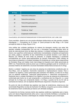 AAI – Avaliação Ambiental Integrada dos Aproveitamentos Hidrelétricos da Bacia Hidrográfica do Rio Xingu
ARCADIS Tetraplan 119
Nº Taxa Espécie
28 Teleocichla centisquama
29 Teleocichla centrarchus
30 Teleocichla gephyrogramma
31 Teleocichla monogramma
32 Tometes sp. "xingu"
33 Zungaropsis multimaculatus
Fonte:ELB/ELN, 2001;ENGEVIX/THEMAG/ARCADIS TETRAPLAN/INTERTECHE, 2007; LEME, 2009.
Como resultado, observou-se uma grande afinidade ictiofaunística em três grandes unidades
hidrológicas: I – Formadores do rio Xingu; II- Canal principal do Alto Xingu; e III- Canal
principal do médio rio Xingu (Figura 3-14).
Uma análise das unidades geológicas do sistema de drenagem mostrou que estas três
grandes unidades correspondem, por sua vez, a formações rochosas diferentes tanto do
ponto de vista estrutural como de idade das mesmas. A unidade hidrológica I destaca-se por
drenar uma superfície conformada por sedimentos inconsolidados compostos principalmente
por areias, argilas e cascalhos de tipo metamórficos do período terciário e com idade do
Mioceno (23 milhões de anos antes do presente). A unidade hidrológica II constituída
principalmente por rochas igneo-sedimentares do período Proterozóico (1800 milhões de
anos antes do presente) e a unidade hidrológica III constituída por rochas igneo-metamórficas
do Complexo Xingu com idades muito mais antigas do Arqueano (com idade aproximada de
2800 m.a). Possivelmente pode-se prever que a dinâmica geológica pode ter constituído um
processo histórico de isolamento e da atual diversidade ictiofaunística da bacia do rio Xingu.
Dentro a unidade I registrou-se uma área de presença de endemismos constituída pelo rio
Suia Missu, com as espécies: Crenicichla rosemariae e Hyphessobrycon loweae. Para a
unidade II se registrou a área conformada pela Cachoeira Von Martius, no leito do rio Xingu
com as espécies endêmicas: Teleocichla gephyrogramma e Teleocichla monogramma e
finalmente para a unidade hidrológica III se registrou uma área de presença de endemismos
conformada pelo trecho do rio que compreende: a confluência dos rios Xingu-Iriri, e o canal
principal do rio Xingu que compreende desde o rio Xingu a jusante da foz do Irirí até as
cachoeiras de Caitucá, com as espécies Moenkhausia xinguensis e Ossubtus xinguensis.
Do ponto de vista de afinidade das espécies nas áreas de endemismos, observou-se uma
proximidade filogenética na área da Cachoeira Von Martius; enquanto que as outras unidades
de endemismo foram constituídas por táxons com afinidade ecológica.
O predomínio de formas menores dentre das espécies endêmicas registradas para a bacia,
junto com táxons filogeneticamente afins como o caso da família Cichlidae e Loricariidae de
hábitos sedentários, favorece a delimitação de unidades hidrológicas para conservação.
 