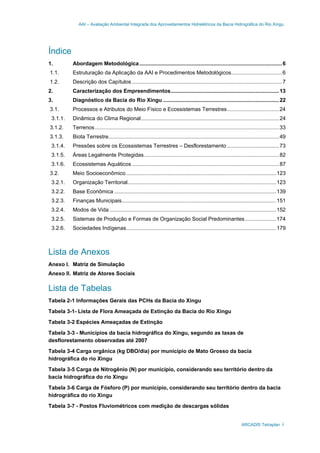 AAI – Avaliação Ambiental Integrada dos Aproveitamentos Hidrelétricos da Bacia Hidrográfica do Rio Xingu
ARCADIS Tetraplan i
Índice
1. Abordagem Metodológica................................................................................................6
1.1. Estruturação da Aplicação da AAI e Procedimentos Metodológicos..................................6
1.2. Descrição dos Capítulos .....................................................................................................7
2. Caracterização dos Empreendimentos.........................................................................13
3. Diagnóstico da Bacia do Rio Xingu ..............................................................................22
3.1. Processos e Atributos do Meio Físico e Ecossistemas Terrestres...................................24
3.1.1. Dinâmica do Clima Regional.............................................................................................24
3.1.2. Terrenos............................................................................................................................33
3.1.3. Biota Terrestre...................................................................................................................49
3.1.4. Pressões sobre os Ecossistemas Terrestres – Desflorestamento ...................................73
3.1.5. Áreas Legalmente Protegidas...........................................................................................82
3.1.6. Ecossistemas Aquáticos ...................................................................................................87
3.2. Meio Socioeconômico.....................................................................................................123
3.2.1. Organização Territorial....................................................................................................123
3.2.2. Base Econômica .............................................................................................................139
3.2.3. Finanças Municipais........................................................................................................151
3.2.4. Modos de Vida ................................................................................................................152
3.2.5. Sistemas de Produção e Formas de Organização Social Predominantes.....................174
3.2.6. Sociedades Indígenas.....................................................................................................179
Lista de Anexos
Anexo I. Matriz de Simulação
Anexo II. Matriz de Atores Sociais
Lista de Tabelas
Tabela 2-1 Informações Gerais das PCHs da Bacia do Xingu
Tabela 3-1- Lista de Flora Ameaçada de Extinção da Bacia do Rio Xingu
Tabela 3-2 Espécies Ameaçadas de Extinção
Tabela 3-3 - Municípios da bacia hidrográfica do Xingu, segundo as taxas de
desflorestamento observadas até 2007
Tabela 3-4 Carga orgânica (kg DBO/dia) por município de Mato Grosso da bacia
hidrográfica do rio Xingu
Tabela 3-5 Carga de Nitrogênio (N) por município, considerando seu território dentro da
bacia hidrográfica do rio Xingu
Tabela 3-6 Carga de Fósforo (P) por município, considerando seu território dentro da bacia
hidrográfica do rio Xingu
Tabela 3-7 - Postos Fluviométricos com medição de descargas sólidas
 