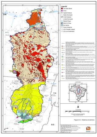 Sub bacia
do Rio
Ronuro
Sub bacia do
Baixo Xingu
Sub
bacia do
Rio Curuá
Sub bacia
do Rio Von
den Steinen
Sub
bacia do
Rio Culuene
Sub bacia
do Rio
Curisevo
G OG O
M TM T
T OT O
P AP A
A MA M
Rio
das
Mortes
Rio
Xingu
Rio
Xingu
Rio
Curuá
Rio
Xingu
Rio
Xingu
Rio
Amazonas
Rio
Amazonas
Rio Iriri
Rio
Xingu
Rio Araguaia
Rio Xingu
Rio
Tapajós
Salto Três
de Maio
Ronuro
Salto
Curuá
Salto
Buriti
Paranatinga II
Paranatinga I
Culuene
ARS
Legenda
Depressão da Amazônia Meridional
Dp AM - Relevos de rampas de aplanamento com dissecação incipiente em colinas. Anfibolitos, charnoquitos, dioritos,
gnaisses, granitóides, metabásicas, enderbitos, granodioritos, monzogranitos, arenito grauvacas, quartzo grauvacas,
andesitos, traquitos, dacitos, riolitos e tufitos. Argissolos Vermelho - Amarelo, Latossolos Vermelho Amarelos e Nitossolo
Vermelho. Floresta Ombrofila aberta.
Depressão do Amazonas
Dp AM1 - Relevos de rampas de aplanamento extensas com dissecação incipiente em colinas. Coberturas detrito-lateritica e
Quartzo arenitos. Latossolos Vermelho Amarelos Floresta Ombrofila Densa predomina.
Dp AM 2 - Associação de colinas e rampas de aplanamento. Quartzo arenitos. Latossolos Vermelho Amarelos. Contato a
Floresta Ombrófila Densa e a Floresta Ombrofila Aberta.
Depressão do Alto Tocantins / Araguaia
Dp ATA - Relevos de rampas de aplanamento extensas Argilitos, folhelhos e siltitos Argissolos Vermelho - Amarelo e
CambissolosSavana Arbórea com floresta galeria Associam-se serras residuais sustentadas por Arenitos com Latossolos e
Neossolos quartzoarenicos.
Dp ATA 2 - Serras residuais da Depressão Alto Tocantins/ Araguaia sustentadas por arenitos com Latossolos e
Neossolos quartzarênicos.
Depressão de Paranatinga
Dp P1 - Associação de Relevos de Rampas de Aplanamento e Colinas Argilitos, folhelhos, siltitos e Arenitos. Argissolos
Vermelho - Amarelo e Neossolos quartzoarenicos. Savana Arbórea aberta com floresta galeria.
Dp P2 - Relevos colinosos Argilitos, folhelhos, Siltitos e Arenitos. Cambissolos Savana Parque predomina a floresta galeria.
Planalto do Guimarães / Alcantilados
Pl GA 1 - Relevos de rampas de aplanamento extensas predominam e relevos colinosos subordinados. Arenitos Neossolos
quartzoarenicos. Savana com Floresta de Galeria
P1 GA 2 - Associação de relevos de rampas de aplanamento e colinas.FolhelhosArgissolos Vermelho - Amarelo e
Plintossolos Pétricos.(T) Savana / Floresta Estacional - Savana Arbórea Densa.
Planalto Marginal do Amazonas
PI MA - Relevos colinosos suave ondulados a ondulados.Arenitos, folhelhos, siltitos, conglomerados e diabásios
Latossolos Vermelho Amarelos, Nitossolo Vermelho e Argissolo Vermelho - Amarelo.Transição entre a Floresta Ombrofila
Densa e Floresta Ombrofila Aberta.
Planalto dos Parecis / Alto Xingu
PI PAX 1 - Relevos de rampas de aplanamento pouco dissecadas no reverso da escarpa Cobertura Detritico-laterítica e
folhelhos Latossolos Vermelho-Amarelo Ecotono Savana / Floresta estacional e Savana Arbórea com floresta galeria.
Escarpas sustentadas por folhelhos e arenitos. Ocorre Plintossolos Pétricos Ecotono Savana / Floresta estacional
Savana Arbórea Densa.
PI PAX 2 - Relevos de rampas de aplanamento extensas. Cobertura Detritico-laterítica Latossolos Vermelho-Amarelo.
Contato Floresta Ombrofila / Floresta Estacional
PI PAX 2B - Associam-se relevos residuais sustentadas por andesitos, aplitos, basaltos, brechas piroclasticas, riolito, tufo
laplitico. Ocorre Plintossolos Pétricos. Neossolos Litólicos e Argissolos Vermelho-Amarelo. Ecótono Savana/ Floresta
Estacional - Savana Arbórea Aberta.
Planalto Residual do Amazonas
PI RA 1 - Relevos residuais tabulares, dissecados em morros (de topos agudos e convexos) e campos de inselbergs
Granodioritos, monzogranitos, sienogranitos, granitos, adamelitos, granulitos, charnoquitos, enderbitos, xixtos, granitos
porfiros, andesitos, xistos filitos e formações ferriferas, anfibolitos, quartzo xistos, folhelhos, metabasaltos e granulitos
básicos.Neossolos Litólicos, Afloramentos de Rochas, Argisolos Vermelho-Amarelo Floresta Ombrofila Densa
Submontana (predomina);
PI RA 2 - Arenito Grauvaca, Quartzo Grauvaca, Biotita Xisto, Filitos, Formações Ferriferas Metacórseos, Metarenitos e
Micaxistos, Folhelho, Quartzo Arenito e Siltito, Andesitos, Basaltos, Brechas Piroclásticas Riolito, Tufo Laplitico. Neossolos
Litólicos, Afloramentos de Rochas, Neossolos Quarzoarênicos e Argisolos Vermelho - Amarelo. Savana: Florestada e
Gramíneo Lenhosa e Transição Savana/Floresta Ombrófila.
Planície Flúvio- Lagunar do Amazonas
Pfl AM - Planícies fluviais inundáveis, alagadiços, terraços e lagoas Sedimentos aluviais. Gleissolos e Neossolos Fluvicos
Formações Pioneiras fluviais arbustivas e herbáceas
 