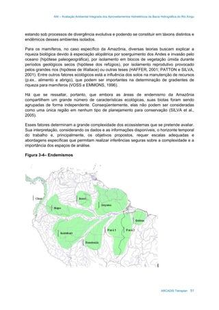 AAI – Avaliação Ambiental Integrada dos Aproveitamentos Hidrelétricos da Bacia Hidrográfica do Rio Xingu
ARCADIS Tetraplan 51
estando sob processos de divergência evolutiva e podendo se constituir em táxons distintos e
endêmicos desses ambientes isolados.
Para os mamíferos, no caso específico da Amazônia, diversas teorias buscam explicar a
riqueza biológica devido à especiação alopátrica por soerguimento dos Andes e invasão pelo
oceano (hipótese paleogeográfica), por isolamento em blocos de vegetação úmida durante
períodos geológicos secos (hipótese dos refúgios), por isolamento reprodutivo provocado
pelos grandes rios (hipótese de Wallace) ou outras teses (HAFFER, 2001; PATTON e SILVA,
2001). Entre outros fatores ecológicos está a influência dos solos na manutenção de recursos
(p.ex.. alimento e abrigo), que podem ser importantes na determinação de gradientes de
riqueza para mamíferos (VOSS e EMMONS, 1996).
Há que se ressaltar, portanto, que embora as áreas de endemismo da Amazônia
compartilhem um grande número de características ecológicas, suas biotas foram sendo
agrupadas de forma independente. Conseqüentemente, elas não podem ser consideradas
como uma única região em nenhum tipo de planejamento para conservação (SILVA et al.,
2005).
Esses fatores determinam a grande complexidade dos ecossistemas que se pretende avaliar.
Sua interpretação, considerando os dados e as informações disponíveis, o horizonte temporal
do trabalho e, principalmente, os objetivos propostos, requer escalas adequadas e
abordagens específicas que permitam realizar inferências seguras sobre a complexidade e a
importância dos espaços de análise.
Figura 3-4– Endemismos
 