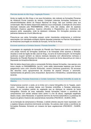 AAI – Avaliação Ambiental Integrada dos Aproveitamentos Hidrelétricos da Bacia Hidrográfica do Rio Xingu
ARCADIS Tetraplan 57
Planícies aluviais do Alto Xingu: Vegetação Pioneira
Ainda na região do Alto Xingu e nos seus formadores, são notáveis as formações Pioneiras
de influência Fluvial (campos de várzea). Compõem extensas formações herbáceas ou
arbustivo/herbáceas dentro do Parque Nacional do Xingu, fato que contribui para sua
conservação. Não há dados disponíveis relativos à sua composição, à exceção de uma breve
descrição realizada pelo RADAMBRASIL (1981), onde são citadas, além de espécies
herbáceas (Cyperus giganteus, Cyperus articulatus e Paepalanthus sp.), indivíduos de
pequeno porte, espaçados, onde se destacam mirtáceas. Em formações pioneiras com
palmeiras destaca-se o buriti (Mauritia sp).
Presume-se que estas formações possam conter importantes endemismos e conformar
associações com identidade ecológica distinta daquelas presentes na Planície Flúvio-lagunar
do Amazonas (ecorregião as várzeas do Gurupá), na foz do rio Xingu.
Encraves savânicos e Contatos Savana / Floresta Ombrófila
A passagem da vegetação de transição do Planalto dos Parecis para norte é marcada por
uma ampla mancha de formações savânicas e de transições entre savanas e florestas,
situadas a norte da região de São José do Xingu, na serra de Cubencranquém. As formações
savânicas ocupam também os relevos residuais tabulares com afloramentos rochosos e
Neossolos do Planalto Residual do Amazonas, que ocorre de forma descontínua em meio à
Depressão da Amazônia Meridional.
Não há dados disponíveis sobre a composição florística dessas formações, mas apenas uma
breve citação no RADAMBRASIL (op.cit.), onde estão relacionadas espécies que formam
gregarismos como umiri (Humiria floribunda), uxirana (Vantanea guianensis). Os encraves
são descritos como agrupamentos de arvoretas de aspecto tortuoso e xeromorfo,
representantes de gêneros como Anacardium, Byrsonima e Himatanthus, característicos das
savanas.
Campinaranas, Florestas Estacionais e Contato Campinara / Floresta Ombrófila do oeste de
Altamira
Campinaranas ocorrem a oeste, já no limite com a bacia hidrográfica do rio Tapajós, assim
como formações de contato destas com florestas ombrófilas, e florestas estacionais,
formando um complexo padrão de vegetação que se distingue do restante da bacia
hidrográfica. Estudos de aves realizados nessas formações indicam a ocorrência de
campinaranas com estrato arbóreo baixo (entre 4 a 6m de altura), vegetação esgalhada
desde a base, sobre Neossolos. O aparente domínio de Humiria balsamifera e a presença de
liquens do gênero Cladonia são características marcantes (PACHECO ; OLMOS, 2005).
Já na transição da campinarana e florestas, o estrato arbóreo assume maior expressão, com
a espécie Xylopia amazônica dominando as bordas. Os autores citam ainda a ocorrência de
formações florestais, formando um mosaico de tipos vegetacionais (PACHECO ; OLMOS,
2005).
 