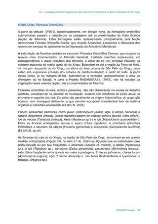 AAI – Avaliação Ambiental Integrada dos Aproveitamentos Hidrelétricos da Bacia Hidrográfica do Rio Xingu
ARCADIS Tetraplan 58
Médio Xingu: Florestas Ombrófilas
A partir da latitude 10º50´S, aproximadamente, em direção norte, as formações ombrófilas
submontanas passam a caracterizar as paisagens até as proximidades da Volta Grande
(região de Altamira). Estas formações estão representadas principalmente pela feição
denominada Floresta Ombrófila Aberta, que reveste Argissolos, Latossolos e Nitossolos dos
relevos em rampas de aplanamento da Depressão da Amazônia Meridional.
A esta feição de florestas abertas se associam Florestas Ombrófilas Densas, que ocupam os
relevos mais movimentados do Planalto Residual. Formam manchas expressivas, em
correspondência a esses ressaltos dos terrenos, a oeste do rio Iriri, principal tributário da
margem esquerda do médio curso do rio Xingu. Estendem-se até a região da Terra do Meio,
na margem esquerda do rio Xingu, na altura da área urbana de São Félix do Xingu, onde
estão sob expressiva pressão dos vetores de desflorestamento a partir do leste. A partir
desse ponto, já na margem direita, estendem-se a nordeste, acompanhando a área de
drenagem do rio Bacajá. À parte o Projeto RADAMBRASIL (1979), não há estudos da
vegetação nessa extensa região, até as proximidades de Altamira.
Florestas ombrófilas aluviais, embora presentes, não são observáveis na escala de trabalho
adotada. Localizam-se na planície de inundação, estando sob influência do pulso anual de
enchente e vazante dos rios. Os solos são geralmente de origem hidromórfica, do grupo glei
húmico; com drenagem deficiente, o que permite incorporar considerável teor de matéria
orgânica e nutrientes anualmente (ELB/ELN, 2001).
Podem apresentar palmeiras como jauari (Astrocaryum jauari), açaí (Euterpe oleracea) e
caranã (Mauritiella armata). Outras espécies podem ser citadas como o tarumã (Vitex triflora),
ipê da várzea (Tabebuia barbata), xixuá (Maytenus sp.) e o ipé (Macrolobium acaciaefolium).
Entre as árvores emergentes tem-se o açacu (Hura crepitans), a piranheira (Piranhea
trifoliolata), a abiurana da várzea (Pouteria glomerata) e acapurana (Campsiandra laurifolia)
(ELB/ELN, op.cit)
As florestas do vale do rio Xingu, na região de São Félix do Xingu, encontram-se em grande
medida antropizadas (Figura 3-8, no item 3.1.4). Citam-se algumas que se sobressaem pelo
porte elevado ou por sua freqüência, o amarelão (Apuleia cf. molaris), o jatobá (Hymenaea
sp.), o ipê (Tabebuia sp.), sumaúma (Ceiba pentandra), castanheira (Bertholletia excelsa),
esta última freqüentemente isolada em meio a pastagens. Entre as palmeiras, cita-se tucum
(Astrocaryum vulgare), açaí (Euterpe oleracea) e, nas áreas desflorestadas e queimadas, o
babaçu (Orbignya sp.).
 