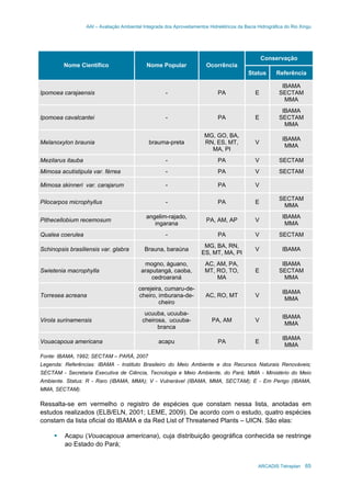 AAI – Avaliação Ambiental Integrada dos Aproveitamentos Hidrelétricos da Bacia Hidrográfica do Rio Xingu
ARCADIS Tetraplan 65
Conservação
Nome Científico Nome Popular Ocorrência
Status Referência
Ipomoea carajaensis - PA E
IBAMA
SECTAM
MMA
Ipomoea cavalcantei - PA E
IBAMA
SECTAM
MMA
Melanoxylon braunia brauma-preta
MG, GO, BA,
RN, ES, MT,
MA, PI
V
IBAMA
MMA
Mezilarus itauba - PA V SECTAM
Mimosa acutistipula var. férrea - PA V SECTAM
Mimosa skinneri var. carajarum - PA V
Pilocarpos microphyllus - PA E
SECTAM
MMA
Pithecellobium recemosum
angelim-rajado,
ingarana
PA, AM, AP V
IBAMA
MMA
Qualea coerulea - PA V SECTAM
Schinopsis brasiliensis var. glabra Brauna, baraúna
MG, BA, RN,
ES, MT, MA, PI
V IBAMA
Swietenia macrophylla
mogno, águano,
araputangá, caoba,
cedroaraná
AC, AM, PA,
MT, RO, TO,
MA
E
IBAMA
SECTAM
MMA
Torresea acreana
cerejeira, cumaru-de-
cheiro, imburana-de-
cheiro
AC, RO, MT V
IBAMA
MMA
Virola surinamensis
ucuuba, ucuuba-
cheirosa, ucuuba-
branca
PA, AM V
IBAMA
MMA
Vouacapoua americana acapu PA E
IBAMA
MMA
Fonte: IBAMA, 1992; SECTAM – PARÁ, 2007
Legenda: Referências: IBAMA - Instituto Brasileiro do Meio Ambiente e dos Recursos Naturais Renováveis;
SECTAM - Secretaria Executiva de Ciência, Tecnologia e Meio Ambiente, do Pará; MMA - Ministério do Meio
Ambiente. Status: R - Raro (IBAMA, MMA); V - Vulnerável (IBAMA, MMA, SECTAM); E - Em Perigo (IBAMA,
MMA, SECTAM).
Ressalta-se em vermelho o registro de espécies que constam nessa lista, anotadas em
estudos realizados (ELB/ELN, 2001; LEME, 2009). De acordo com o estudo, quatro espécies
constam da lista oficial do IBAMA e da Red List of Threatened Plants – UICN. São elas:
Acapu (Vouacapoua americana), cuja distribuição geográfica conhecida se restringe
ao Estado do Pará;
 
