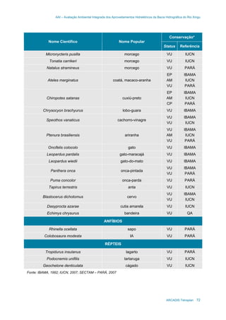 AAI – Avaliação Ambiental Integrada dos Aproveitamentos Hidrelétricos da Bacia Hidrográfica do Rio Xingu
ARCADIS Tetraplan 72
Conservação*
Nome Científico Nome Popular
Status Referência
Micronycteris pusilla morcego VU IUCN
Tonatia carrikeri morcego VU IUCN
Natalus stramineus morcego VU PARÁ
Ateles marginatus coatá, macaco-aranha
EP
AM
VU
IBAMA
IUCN
PARÁ
Chiropotes satanas cuxiú-preto
EP
AM
CP
IBAMA
IUCN
PARÁ
Chrysocyon brachyurus lobo-guara VU IBAMA
Speothos vanaticus cachorro-vinagre
VU
VU
IBAMA
IUCN
Ptenura brasiliensis ariranha
VU
AM
VU
IBAMA
IUCN
PARÁ
Oncifelis colocolo gato VU IBAMA
Leopardus pardalis gato-maracajá VU IBAMA
Leopardus wiedii gato-do-mato VU IBAMA
Panthera onca onca-pintada
VU
VU
IBAMA
PARÁ
Puma concolor onca-parda VU PARÁ
Tapirus terrestris anta VU IUCN
Blastocerus dichotomus cervo
VU
VU
IBAMA
IUCN
Dasyprocta azarae cutia amarela VU IUCN
Echimys chrysurus bandeira VU QA
ANFÍBIOS
Rhinella ocellata sapo VU PARÁ
Colobosaura modesta lA VU PARÁ
RÉPTEIS
Tropidurus insulanus lagarto VU PARÁ
Podocnemis unifilis tartaruga VU IUCN
Geochelone denticulata cágado VU IUCN
Fonte: IBAMA, 1992; IUCN, 2007; SECTAM – PARÁ, 2007
 