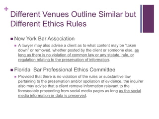 +
Different Venues Outline Similar but
Different Ethics Rules
 New York Bar Association
 A lawyer may also advise a clie...