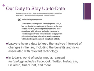 +
Our Duty to Stay Up-to-Date
 Lawyers have a duty to keep themselves informed of
changes in the law, including the benef...