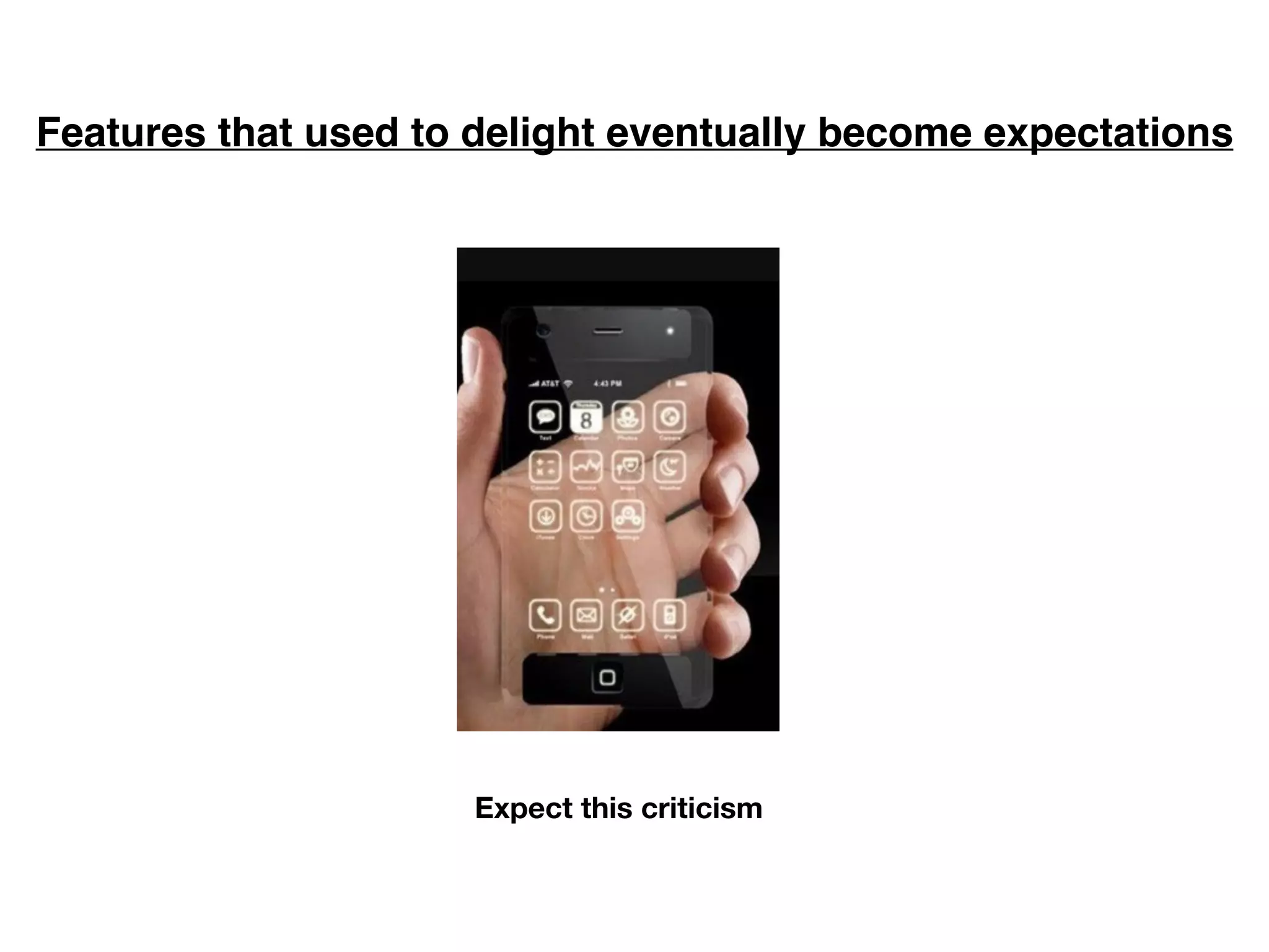Features that used to delight eventually become expectations
Expect this criticism
 