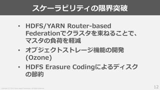 Copyright (C) 2019 Yahoo Japan Corporation. All Rights Reserved.
スケーラビリティの限界突破
12
• HDFS/YARN Router-based
Federationでクラスタを束ねることで、
マスタの負荷を軽減
• オブジェクトストレージ機能の開発
(Ozone)
• HDFS Erasure Codingによるディスク
の節約
 