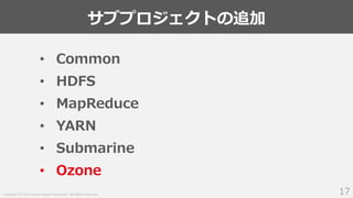 Copyright (C) 2019 Yahoo Japan Corporation. All Rights Reserved.
サブプロジェクトの追加
17
• Common
• HDFS
• MapReduce
• YARN
• Submarine
• Ozone
 