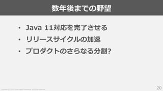 Copyright (C) 2019 Yahoo Japan Corporation. All Rights Reserved.
数年後までの野望
20
• Java 11対応を完了させる
• リリースサイクルの加速
• プロダクトのさらなる分割?
 