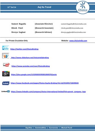 21st Oct’14 Aaj Ka Trend 
Sumeet Bagadia (Associate Director) sumeet.bagadia@choiceindia.com 
Ritesh Patel (Research Associate) ritesh.patel@choiceindia.com 
Deveya Gaglani (Research Advisor) deveya.gaglani@chocieindia.com 
For Private Circulation Only Website: www.choiceindia.com 
https://twitter.com/ChoiceBroking 
http://www.slideshare.net/choiceindiabroking 
https://www.youtube.com/user/ChoiceBroking 
https://plus.google.com/115293033595831069270/posts 
https://www.facebook.com/pages/Choice-Equity-Broking-Pvt-Ltd/352491718249644 
https://www.linkedin.com/company/choice-international-limited?trk=parent_company_logo 
 