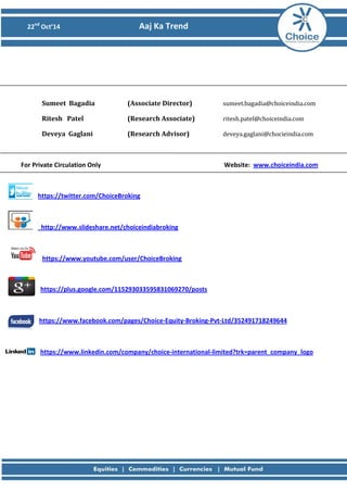 22nd Oct’14 Aaj Ka Trend 
Sumeet Bagadia (Associate Director) sumeet.bagadia@choiceindia.com 
Ritesh Patel (Research Associate) ritesh.patel@choiceindia.com 
Deveya Gaglani (Research Advisor) deveya.gaglani@chocieindia.com 
For Private Circulation Only Website: www.choiceindia.com 
https://twitter.com/ChoiceBroking 
http://www.slideshare.net/choiceindiabroking 
https://www.youtube.com/user/ChoiceBroking 
https://plus.google.com/115293033595831069270/posts 
https://www.facebook.com/pages/Choice-Equity-Broking-Pvt-Ltd/352491718249644 
https://www.linkedin.com/company/choice-international-limited?trk=parent_company_logo 
 
