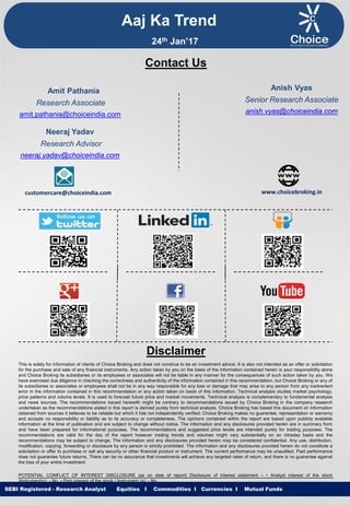 Equities I Commodities I Currencies I Mutual Funds
This is solely for information of clients of Choice Broking and does not construe to be an investment advice. It is also not intended as an offer or solicitation
for the purchase and sale of any financial instruments. Any action taken by you on the basis of the information contained herein is your responsibility alone
and Choice Broking its subsidiaries or its employees or associates will not be liable in any manner for the consequences of such action taken by you. We
have exercised due diligence in checking the correctness and authenticity of the information contained in this recommendation, but Choice Broking or any of
its subsidiaries or associates or employees shall not be in any way responsible for any loss or damage that may arise to any person from any inadvertent
error in the information contained in this recommendation or any action taken on basis of this information. Technical analysis studies market psychology,
price patterns and volume levels. It is used to forecast future price and market movements. Technical analysis is complementary to fundamental analysis
and news sources. The recommendations issued herewith might be contrary to recommendations issued by Choice Broking in the company research
undertaken as the recommendations stated in this report is derived purely from technical analysis. Choice Broking has based this document on information
obtained from sources it believes to be reliable but which it has not independently verified; Choice Broking makes no guarantee, representation or warranty
and accepts no responsibility or liability as to its accuracy or completeness. The opinions contained within the report are based upon publicly available
information at the time of publication and are subject to change without notice. The information and any disclosures provided herein are in summary form
and have been prepared for informational purposes. The recommendations and suggested price levels are intended purely for trading purposes. The
recommendations are valid for the day of the report however trading trends and volumes might vary substantially on an intraday basis and the
recommendations may be subject to change. The information and any disclosures provided herein may be considered confidential. Any use, distribution,
modification, copying, forwarding or disclosure by any person is strictly prohibited. The information and any disclosures provided herein do not constitute a
solicitation or offer to purchase or sell any security or other financial product or instrument. The current performance may be unaudited. Past performance
does not guarantee future returns. There can be no assurance that investments will achieve any targeted rates of return, and there is no guarantee against
the loss of your entire investment.
POTENTIAL CONFLICT OF INTEREST DISCLOSURE (as on date of report) Disclosure of interest statement – • Analyst interest of the stock
/Instrument(s): - No. • Firm interest of the stock / Instrument (s): - No.
Disclaimer
Contact Us
Amit Pathania
Research Associate
amit.pathania@choiceindia.com
www.choicebroking.incustomercare@choiceindia.com
SEBI Registered - Research Analyst Equities I Commodities I Currencies I Mutual Funds
Aaj Ka Trend
24th Jan’17
Neeraj Yadav
Research Advisor
neeraj.yadav@choiceindia.com
Anish Vyas
Senior Research Associate
anish.vyas@choiceindia.com
Anish Vyas
Digitally signed by Anish Vyas
DN: cn=Anish Vyas, o=Choice Merchandise
Broking Pvt. Ltd, ou=Sr. Research Associate,
email=anish.vyas@choiceindia.com, c=IN
Date: 2017.01.24 09:53:19 +05'30'
 