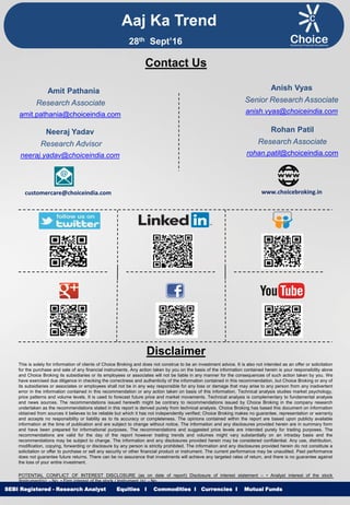 Equities I Commodities I Currencies I Mutual Funds
This is solely for information of clients of Choice Broking and does not construe to be an investment advice. It is also not intended as an offer or solicitation
for the purchase and sale of any financial instruments. Any action taken by you on the basis of the information contained herein is your responsibility alone
and Choice Broking its subsidiaries or its employees or associates will not be liable in any manner for the consequences of such action taken by you. We
have exercised due diligence in checking the correctness and authenticity of the information contained in this recommendation, but Choice Broking or any of
its subsidiaries or associates or employees shall not be in any way responsible for any loss or damage that may arise to any person from any inadvertent
error in the information contained in this recommendation or any action taken on basis of this information. Technical analysis studies market psychology,
price patterns and volume levels. It is used to forecast future price and market movements. Technical analysis is complementary to fundamental analysis
and news sources. The recommendations issued herewith might be contrary to recommendations issued by Choice Broking in the company research
undertaken as the recommendations stated in this report is derived purely from technical analysis. Choice Broking has based this document on information
obtained from sources it believes to be reliable but which it has not independently verified; Choice Broking makes no guarantee, representation or warranty
and accepts no responsibility or liability as to its accuracy or completeness. The opinions contained within the report are based upon publicly available
information at the time of publication and are subject to change without notice. The information and any disclosures provided herein are in summary form
and have been prepared for informational purposes. The recommendations and suggested price levels are intended purely for trading purposes. The
recommendations are valid for the day of the report however trading trends and volumes might vary substantially on an intraday basis and the
recommendations may be subject to change. The information and any disclosures provided herein may be considered confidential. Any use, distribution,
modification, copying, forwarding or disclosure by any person is strictly prohibited. The information and any disclosures provided herein do not constitute a
solicitation or offer to purchase or sell any security or other financial product or instrument. The current performance may be unaudited. Past performance
does not guarantee future returns. There can be no assurance that investments will achieve any targeted rates of return, and there is no guarantee against
the loss of your entire investment.
POTENTIAL CONFLICT OF INTEREST DISCLOSURE (as on date of report) Disclosure of interest statement – • Analyst interest of the stock
/Instrument(s): - No. • Firm interest of the stock / Instrument (s): - No.
Disclaimer
Contact Us
Amit Pathania
Research Associate
amit.pathania@choiceindia.com
Rohan Patil
Research Associate
rohan.patil@choiceindia.com
www.choicebroking.incustomercare@choiceindia.com
SEBI Registered - Research Analyst Equities I Commodities I Currencies I Mutual Funds
Aaj Ka Trend
28th Sept’16
Neeraj Yadav
Research Advisor
neeraj.yadav@choiceindia.com
Anish Vyas
Senior Research Associate
anish.vyas@choiceindia.com
Amit Pathania
Digitally signed by Amit Pathania
DN: cn=Amit Pathania, o=Choice Equity Broking
Pvt. ltd, ou=Research Department,
email=amit.pathania@choiceindia.com, c=IN
Date: 2016.09.28 08:35:19 +05'30'
 
