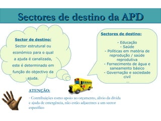Sectores de destino da APD
                                                    Sectores de destino:
 Sector de destino:
                                                               - Educação
 Sector estrutural ou                                            - Saúde
económico para o qual                                 - Políticas em matéria de
                                                         reprodução / saúde
a ajuda é canalizada,                                         reprodutiva
este é determinado em                                 - Fornecimento de água e
                                                         saneamento básico
função do objectivo da                                - Governação e sociedade
       ajuda.                                                      civil
                                                                     …

        ATENÇÃO:
        - Contribuições como apoio ao orçamento, alivio da dívida
        e ajuda de emergência, não estão adjacentes a um sector
        específico
 