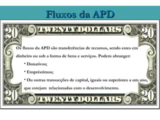 Fluxos da APD


Os fluxos da APD são transferências de recursos, sendo estes em
dinheiro ou sob a forma de bens e serviços. Podem abranger:
    • Donativos;
    • Empréstimos;
    • Ou outras transacções de capital, iguais ou superiores a um ano,
    que estejam relacionadas com o desenvolvimento.
 