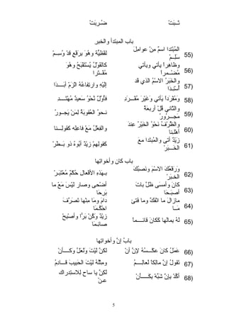 ثـرـربَتْتْ ضُـررِببَتْتْ 
باب المبتدأ والخبرِب 
المُبْتدا اسمٌ  مِبنْ عوامِبلَتْ لفْظِبيّةٍةٍ وهُوَتْ بِبرَتْفْعٍ ق قدْ وُسِبـرـرمْ 
55 سَتْلِبـرـرمْ ) 
كالقَتْوْلُ يُسْتَتْقْبَتْحُ وهُوَتْ 
مُفْـرـرتَتْرا 
وظاهِبراً  يأتي ويأتي 
56 مُضْـرـرمراً  ) 
والخَتْبَتْرُ السْمُ الذي قَتْد إلَتْيْهِب وارتِبفاعُهُ الْزَتْمْ أبَتْـرـرـرـردَتْا 
57 أُسْنِبـردَتْا ) 
58 وَتْمُفْرَتْدااً  يَتْأتي وَتْغَتْيْرَتْ مُفْـرـرـررَتْداِب فأُوَّللٌ  نَّلحْوُ سَتْعييدٌ  مُهْتَتْـرـرـرـردِب ) 
والثّااني قُلْ أربعيَتْةٌٍ  نـرحوُ العيُقوبَتْةٍُ لِبمَتْنْ يَتْجــرـرورُ 
59 مَتْجــرـرـررُورُ ) 
والظَّلرْفُ نَتْحْوُ الخَتْيْرُ عِبندَتْ والفِبعيْلُ مَتْعْ فاعِبلِبه كقولِبـرـرـرنا 
60 أهْلـرِبنا ) 
زَتْيْدٌ  أتى والمُبتَتْدا معَتْ كقولِبهِبمْ زيْدٌ  أبُوهُ ذو بَتْـرـرطَتْرْ 
61 الخَتْـرـرـربَتْرْ ) 
باب كان وأخواتِبها 
وَتْرَتْفْعيُكَتْ السْمَتْ ونَتْصببُكَتْ بـرهَتْذهِب الفْعيالِب حُكْمٌ  مُعيْتَتْبَتْـررْ 
62 الخـربَتْرْ ) 
أضْحى وصار ليْسَتْ مَتْعْ ما 
بَتْرِبحَتْا 
كانَتْ وأمسَتْى ظَتْلَّل باتَتْ 
63 أصبَتْـرحَتْا ) 
داامَتْ ومَتْا مِبنْها تَتْصبَتْرَّلفَتْ 
احْكُـرمَتْا 
مازالَتْ ما انْفَتْكَّل وما فَتْتئ 
64 مَتْـرـرا ) 
زيْدٌ  وَتْكُنْ بَتْرّاًا وأصْبِبحْ 
65 لَتْهُ بِبمالَتْها كَتْكانَتْ قائـرـرـرـرماً  صائِبـرمَتْا ) 
بابُ إنَّل وأخواتِبها 
66 عَتْمَتْلُ كانَتْ عكْـرـرـرسُهُ لإِبنَّل أنْ لكنَّل لَتْيْتَتْ وَتْلَتْعيَتْلَّل وَتْكـرـرـرـرأنْ ) 
67 تَتْقولُ إنَّل مالِبكاً  لَتْعيالِبـرـرـرـرمُ ومِبثْلُهُ ليْتَتْ الحَتْبِبيبَتْ قـرـرـراداِبمُ ) 
لَتْكِبنَّل يا ساحِب لِبلاستِبدراك 
68 أكِّدْ بِبإِبنَّل شَتْبِّهْ بِبكَتْـرـرـرـرـرأَتْنْ عـرنْ ) 
5 
 