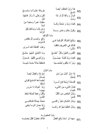 هذا وَتْإنَّل العيَتْطْفَتْ أيضاً  حُروفُهُ عَتْشَتْرَتْةٌ  يا سامِبـرـرـرـرعُ 
82 تابِبـرـرعُ ) 
لَتْكِبنْ وَتْحَتْتَّلى ل وَتْأَتْمْ فاجْهَتْدْ 
تَتْنَتْلْ 
الواوُ وَتْ والفَتْا ثُمَّل أو إمَّلا 
83 وَتْبَتْـرـرلْ ) 
سَتْقَتْيْتُ عَتْمرَتْاً  وَتْسَتْعييداً  مِبنْ 
84 كجـاءَتْ زَتْيدٌ  وَتْ مُحمَّلدٌ  وَتْقَتْـرـرـردْ ثَتْـرمَتْدْ ) 
وَتْمَتْن يَتْتُبْ ويَتْسْـرتَتْقِبمْ يَتْلْقَتْ 
85 وَتْقَتْولُ خالِبدٍ ق وَتْعامِبرٍ ق سَتْـرـرـردَتْداْ الرَّلشَتْدْ ) 
بابُ التِّوكيد 
رَتْفْعٍ ق وَتْنَتْصببٍ ق ثُمَّل خَتْفْضٍ ق 
86 وَتْيَتْتْبَتْعُ المُؤَتْكَّلدَتْ التَّلوكِبيـردُ فِبـرـري فَتْاعرِبفِب ) 
كَتْذاكَتْ في التَّلعيرِبيفِب فاقْفُ وهَتْذِبهِب ألْفاظُهُ كما تَتْـرـرـررَتْى  
87 الثَتْـررَتْا ) 
88 النُّعفس والعيَتْيْنُ وَتْكَتْلٌّ  أَتْجْمَتْـرـرعُ وما لَتْجْمَتْعَتْ لَتْدَتْيْهِبمْ يـرتْـربَتْـرعُ ) 
89 كَتْجـاءَتْ زَتْيدٌ  نَّلفْسُهُ يَتْصبُـرـرـرولُ وإنَّل قَتْومِبي كُلَّلهُمْ عُـرـرـردولُ ) 
90 وَتْمَتْرَّل ذا بِبالْقَتْومِب أجْمَتْعيـرـرـرـرينا فاحْفَتْظْ مِبثالً  حَتْسَتْناً  مُبيـرـرـرنَتْا ) 
بابُ البَتْدَتْلِب 
إعْرابَتْهُ والفِبعيْلُ أيضاً  
يُبْـرـرـردَتْلُ 
إذا اسْمٌ  أُبْدِبلَتْ مِبنْ إسْمٍ ق 
91 يُنْـرحَتْلُ ) 
إحْصباَتْءَتْها فَتْاسْمَتْعْ لِبقَتْولي 
92 أقْسامُهُ أرْبَتْعيَتْةٌٍ  فإنْ تُـرـرـرـررِبداْ تَتْسْتَتْفِبدْ ) 
زَتْيدٌ  أَتْخوكَتْ ذا سُرورٍ ق 
بَتْهِبجـَتْـرـرا 
فَتْبدَتْلُ الشَّليء مِبنَتْ الشَّليءِب 
93 كَتْجـَتْـراءَتْ ) 
يأكُلْ رَتْغيفاً  نِّصبْفَتْهُ يُعيْطِب 
الثَّلمَتْـرنْ 
وَتْبَتْدَتْلُ البَتْعيْضِب مِبنَتْ الكُلَّل 
94 كَتْـرمَتْنْ ) 
95 وَتْبَتْدلُ اشْتِبمالٍ ق نَتْحْوُ رَتْاقَتْـرنِبـرـري مُحمَّلدٌ  جَتْمالُهُ فَتْشَتْاقَتْـرنِبـرـرـري ) 
زَتْيْدٌ  حِبماراً  فَتْرَتْساً  يَتْبْغي 
96 وَتْبَتْدَتْلُ الغَتْلَتْطِب نَتْحْوُ قَتْد رَتْكِبـرـربْ اللَّلعيِبـربْ ) 
بابُ المفعيولِب بهِب 
97 مَتْهما تَتْرَتْ اسْماً  وَتْقَتْعَتْ الفِبعيْلُ فَتْذاكَتْ مَتْفعيُولٌ  فَتْقُلْ بِبنَتْصبْبِبـرـرـرهِب ) 
7 
 