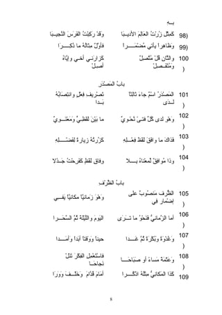 بـرـرهِب 
98 كَتْمِبثْلِب زُرْتُ العيَتْالِبمَتْ الدايـرـربَتْا وَتْقَتْدْ رَتْكِببْتُ الفَتْرَتْسَتْ النَّلجـيـرـربَتْا ) 
99 وَتْظاهِبراً  يأتي مُضْمَتْـرـرـرـرـرراً  فأوَّللٌ  مِبثالُهُ ما ذُكِبـرـرـرـرـررَتْا ) 
كَتْزارَتْنـري أخـري وإيَّلاهُ 
أصِبـرلْ 
والثَّلانِب قُلْ مُتَّلصبِبلٌ  
وَتْمُنْفَتْـرـرصبِبلْ 
100 
) 
بابُ المَتْصبْدَتْرِب 
تَتْصبْريفِب فِبعيْلٍ ق وانتِبصبَتْابُهُ 
بَتْـرـردا 
المَتْصبْدَتْرُ اسْمٌ  جاءَتْ ثالِبثاً  
لـرـردَتْى  
101 
) 
102 وَتْهْوِب لدى  كُلِّ فتـرىً  نَّلحْـرويِّ ما بَتْيْنَتْ لَتْفْظِبـريّةٍ وَتْمَتْعيْنَتْـرـرـروِبيِّ 
) 
103 فَتْذاكَتْ ما وافَتْقَتْ لَتْفْظَتْ فِبعيْـرـرـرلِبهِب كَتْزُرتُهُ زيارةً  لِبفَتْضْـرـرـرـرـرلِبهِب 
) 
104 وذا مُوافِبقٌ  لِّمعيْناهُ بِبـرـرـرـرلا وِبفاقِب لَتْفْظٍ ق كَتْفَتْرِبحْتُ جَتْـرـرذَتْل 
) 
بابُ الظَّلرْفِب 
الظُّعرف مَتْنصبُوبٌ  على وَتْهْوَتْ زَتْمانيَّلاً  مكانيَّلاً  يَتْفـرـرـرِبي 
إضْمار فِبي 
105 
) 
106 أما الزَّلمانيُّع فَتْنَتْحْوُ ما تـرـرـرَتْرَتْى  اليَتْومَتْ واللَّليْلَتْةٍَتْ ثُمَّل السَّلحَتْـرـرـررا 
) 
107 وَتْغُدْوَتْةً  وَتْبُكْرَتْةً  ثُمَّل غَتْـرـرـرـردا حيناً  وَتْوَتْقتاً  أبَتْداً  وَتْأمَتْـرـرـرـردا 
) 
فاسْتَتْعيْمِبلِب الفِبكْرَتْ تَتْنَتْلْ 
وَتْعَتْتْمَتْةًٍ  مَتْساءً  أو صَتْبَتْاحَتْـرـرـرـرا نَتْجـاحَتْـرـرا 108 
) 
109 كَتْذا المَتْكانِبيُّع مِبثَتْلُهُ اذْكُـرـرـرـررا أمَتْامَتْ قُدَّلامَتْ وَتْخَتْلْـرـرـرفَتْ وَتْوَتْرَتْا 
8 
 