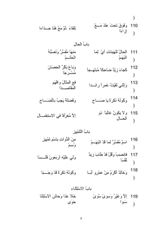 ) 
وَ فَ وققَ  تحتَ  عِنْ هدَ  مَ ـــعْ ه تِلققاءَ  ثَ مَّ  مَ عْ ه هُنَ ا حِـــذاءا 
إزاءَ ا 
110 
) 
بابُ الحالِ 
منهَ ا مُفَ سِّررٌ وَ وَ نَ صْ هبُهُ 
انْ هحَ تَ ـــمْ ه 
الحالُ للقهَ يئئاتِ أيْ ه لِماا 
انْ هبَ هَ ـمْ ه 
111 
) 
وَ باعَ  بَ كْ هرٌ وَ الحِصَ انَ  
كَ جااءَ  زيْ هدٌ وَ ضَ احِكاً  مُبتَ هِــجااً  مُسْ هــرَ جَ ا 112 
) 
فعِ الماِثاالَ  وافْ ههَ مِ 
وَ إنَّ ني لَ قيئْ هتُ عَ ماراً  رائِـــدا الماَ قَ اصِـــدَ ا 113 
) 
114 وَ كَ وقنُهُ نَ كِرَ ةً  يا صَ ــــاحِ وَ فَ ضللقَ ةً  يَ جاِبُ باتِّرضلَ ــــاحِ 
) 
ولا يكوقنُ غالِباً  ذو إلاَّ  مُعَ رَّ فاً  في الاستتِعْ هماـــالِ 
الحَ ــالِ 
115 
) 
بابُ التَّ ماْ هيئيئزِ 
مِنَ  الذَّ واتِ بِاستْ همِ تَ ماْ هيئِيئزٍ  
استمٌ وَ مُفَ سِّررٌ وَ لماا قَ دْ ه انْ هبَ هَ ـــمْ ه وُستِـمْ ه 116 
) 
فانصِبْ ه وَ قُلْ ه قدْ ه طَ ابَ  زيدٌ وَ وَ لي عَ لقَ يئْ ههِ أربَ عوقنَ  فَ لقْ هــــسَ ا 
نَّ فْ هسَ ا 
117 
) 
118 وَ خَ الِدٌ وَ أكْ هرَ مُ مِنْ ه عماْ هرٍ و أَ بَ ــا وَ كَ وقنُهُ نَ كِرَ ةً  قَ دْ ه وَ جَ ــــبَ ا 
) 
بابُ الاستْ هتِثاْ هناءِ 
خَ لا عَ دَ ا وَ حاشَ  الاستْ هتِثانَ ا 
حَ وقَ ى 
إلاَّ  وَ غَ يئْ هرُ وَ ستِوقىً  ستُوقىً  
ستَ ـوقَ ا 
119 
) 
9 
 