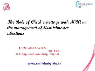 Dr.Mangala Devi K.R.
MS OBG
K C Raju Multispeciality Hospital
The Role of Check curettage with MVA in
the management of first trimester
abortions
www.smilebabyivfs.in
 