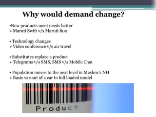 Why would demand change?
•New products meet needs better
» Maruti Swift v/s Maruti 800
• Technology changes
» Video conference v/s air travel
• Substitutes replace a product
» Telegrams v/s SMS, SMS v/s Mobile Chat
• Population moves to the next level in Maslow’s NH
» Basic variant of a car to full loaded model
 