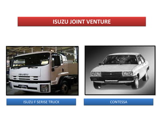ISUZU JOINT VENTURE




ISUZU F SERISE TRUCK              CONTESSA
 