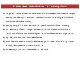 REASONS FOR DIMINISHING OUTPUT – Rising of MUL

1) Tough and sturdy ambassador dose not find many takers in India with people
   looking more fancy car its export has been steadily increasing mainly in the
   British and Japanese market.
2) During early 80’s it need 6 month to 1 year for delivery from company.
3) In 1981 entry of MUL change the scenario drastically because of MUL’s
   small, fuel efficient, and well designed car, Maruti 800 became huge success.
4) By 1980 MUL became the market leader.
5) MUL became more successful when they get 1st ISO CERTIFICATE by JV with
   SUZUKI, they need 14 hours to make a car.
6) Marketing is not much developed at that time.
 