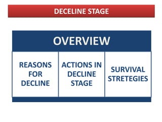 DECELINE STAGE


          OVERVIEW
REASONS    ACTIONS IN
                       SURVIVAL
  FOR       DECLINE
                      STRETEGIES
DECLINE      STAGE
 