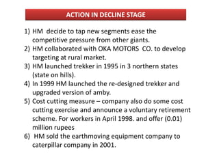 ACTION IN DECLINE STAGE

1) HM decide to tap new segments ease the
   competitive pressure from other giants.
2) HM collaborated with OKA MOTORS CO. to develop
   targeting at rural market.
3) HM launched trekker in 1995 in 3 northern states
   (state on hills).
4) In 1999 HM launched the re-designed trekker and
   upgraded version of amby.
5) Cost cutting measure – company also do some cost
   cutting exercise and announce a voluntary retirement
   scheme. For workers in April 1998. and offer (0.01)
   million rupees
6) HM sold the earthmoving equipment company to
   caterpillar company in 2001.
 