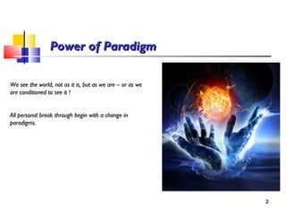 Power of ParadigmPower of Paradigm
We see the world, not as it is, but as we are – or as weWe see the world, not as it is, but as we are – or as we
are conditioned to see it !are conditioned to see it !
All personal break through begin with a change inAll personal break through begin with a change in
paradigms.paradigms.
2
 