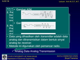 SLIDE 16                                            Lecturer: Amir Ali, S.T., M.T.



     Ada 2 macam cara pensinyalan:
              • Gambar ASK
                              Sinyal Digital
     • Non Return digunakan untuk pengiriman data suara atau
        Metode ini to Zero (NRZ)
     • Frequency Shift Keying (FSK)
     2.
        gambar.
        Mengubah frekuensi0pembawa berdasarkan bit 1 dan bentuk
          Sinyal digital merupakan sinyal data0 dalam bit 0.
     • Digunakan untuk dibutuhkan MODEM antar komputer yang
        Pada Metode ini proses transmisi data
              1      0               0      0             1
        Transmsiyang dapat
          jaraknya sangat digunakan untuk transmisi kecepatan
          pulsa ini banyak
     • Return to Zero (RZ)jauh.mengalami perubahan tiba-tiba
        Gbr. Analog Data Digital Transmission
     • rendah.
          dan mempunyai besaran 0 dan 1.
            0 • 3 macam FSK 0
       Dikenal Gambar pensinyalan0sinyal0analog:
                   0      0   0                    0     0
     3. PhaseempatKeying (PSK) pasangan bentuk sinyal
          Ada Shift kemungkinan
       1. Amplitudosinyal Keying (ASK) terjadi sesuai
        Phase dari gelombang pembawa diubah-ubah setelah
          data dan Shift transmisi yang
     • Cat:Amplitudo danModem transmisidiubah-ubah sesuai ini
        dengan bit 1 gelombang pembawa data, yakni:
             Tidak Butuh bit 0, sehingga pada proses modulasi
         -mengalami proses
        akan dihasilkan perubahan phase.
          informasi yang ada
          - • • yang digunakan untuk transmitter memiliki
     • DataDigitaldihasilkan ASK transmisi macam, yaitu: data
        Transmisiamplitudo pada olehada dua yang adalah Dua
            Lebar ini Data Digital Transmission
                 Gambar PSK
        kecepatan sedang dan tinggi. dalam bentuk sinyal
        analog dan ditransmisikan (00-11)
          Tingkat (0-1) dan Empat Tingkat
         • Analog Data Digital Transmission
       analog ke receiver.
     • Metode ini digunakan oleh pemancar radio.
         • Digital Data Analog Transmission
           • Analog Data Analog Transmission
      STATE UNIVERSITY OF MAKASSAR                DATA COMMUNICATION
      Department of Electronic Engineering               Sinyal Transmisi
 