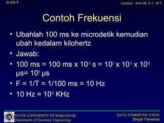 SLIDE 7                                       Lecturer: Amir Ali, S.T., M.T.




                     Contoh Frekuensi
  • Ubahlah 100 ms ke microdetik kemudian
    ubah kedalam kilohertz
  • Jawab:
  • 100 ms = 100 ms x 10-3 s = 102 x 10-3 x 10-6
    μs= 105 μs
  • F = 1/T = 1/100 ms = 10 Hz
  • 10 Hz = 10-2 KHz

     STATE UNIVERSITY OF MAKASSAR           DATA COMMUNICATION
     Department of Electronic Engineering          Sinyal Transmisi
 