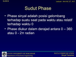 SLIDE 8                                       Lecturer: Amir Ali, S.T., M.T.




                           Sudut Phase
  • Phase sinyal adalah posisi gelombang
    terhadap suatu saat pada waktu atau relatif
    terhadap waktu 0
  • Phase diukur dalam derajad antara 0 – 360
    atau 0 - 2π radian




     STATE UNIVERSITY OF MAKASSAR           DATA COMMUNICATION
     Department of Electronic Engineering          Sinyal Transmisi
 