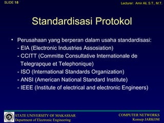 SLIDE 18                                         Lecturer: Amir Ali, S.T., M.T.




               Standardisasi Protokol
   • Perusahaan yang berperan dalam usaha standardisasi:
     - EIA (Electronic Industries Assosiation)
     - CCITT (Committe Consultative Internationale de
       Telegrapque et Telephonique)
     - ISO (International Standards Organization)
     - ANSI (American National Standard Institute)
     - IEEE (Institute of electrical and electronic Engineers)




      STATE UNIVERSITY OF MAKASSAR              COMPUTER NETWORKS
      Department of Electronic Engineering           Konsep JARKOM
 