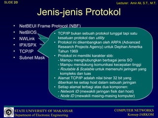 SLIDE 20                                                           Lecturer: Amir Ali, S.T., M.T.


                    Jenis-jenis Protokol
     •     NetBEUI Frame Protocol (NBF)
     •     NetBIOS        • • •Digunakan oleh protokol stack TCP/IP untuk
                             TCP/IP bukan sebuah protokol tunggal tapi satu
                                 Kompatibel dengan IPX/SPX
                            Dikembangkan oleh IBM
                                Dikembangkan oleh IBM
     •     NWLink            kesatuan protokol dan utility yang akan dicoba
                              •menentukan bahwaimplementasi 32 bit
                                 Merupakan suatu host
                          • Fungsinya:
                                Keuntungan:
                             Protokol ini dikembangkandalam jaringan Novell
                                •Microsoft dari protokololeh ARPA (Advanced
                                   Diimplementasikan di jaringan lokal yang
     •     IPX/SPX             dikomunikasikan berada stack
                            •Research Services Agency) untuk Dephan Amerika
                               Naming Projects
                                •Urutan dari alamat IP dan host sbb: sudah
                                   Batas 254 session didalam NetBEUI
                              •sama atau berada di jaringan remote. Ini ke
                                   Netware
                              •Menyebarkan nama group, user dan komputeradalah
                                 Dapat digunakan untuk menghubungkan
                                   dihilangkan
                             Class bertanggung pentinguntukMS-DOSdan
                             Tahun 1969 Jumlah Host
                               bagianinikomputer WindowsNT,Jangkauan
     •     TCP/IP               •antara
                               jaringan yang sangat jawab dalam TCP/IP
                                   IPX                            routing dan
                          • Protokol      memiliki karakter sbb:
                                • Menyediakan alokasi memori otomatis
     •     Subnet Mask      • DataGram Support
                            • Klasifikasi dari paket, sementara SPX melaui
                                A pengiriman Subnet Maskini dicapai
                                 Windows lainnya, koneksi sbb: 1-126
                                             16.777.216
                                - Mampu menghubungkan berbagai jenis SO
                                   Menyediakan transmisi tanpa koneksi yangpra
                                       sehingga dinamis, tidak diperlukan tidak
                                       menciptakan hubungan dan menyediakan
                                     variasi komunikasi.
                                - Mampu mendukung komunikasi paket (<= 512
                                       konfigurasi dan pengiriman kecepatan tinggi
                                      Classcocok diterapkanpengiriman paket
                                                   Subnet Mask 128-191
                                   menjamin suksesnya penggunaan total memori
                                    B acknowledgement darimemenuhi jaringan yang
                                                     16.536
                                  • Sangat& Scalable untuk di platform Intel
                                - Routable stack ini digunakan oleh Naming services
                                   bytes). Metode protokol menurun
                                       oleh
                                       tersebut
                                • kompleks dan luas255.0.0.0
                                    C A tidak cocok untuk platform192-223
                                     tetapi
                                   Session support 256
                                    Kerugian:                           yang
                              • Alamat TCP/IP adalah nilai biner 32 bit yang
                                    •lainnya.mampu di-route-kan shg secara virtual
                                   Memungkinkan transmisi dimana sebuah virtual
                                       Tidak
                                   circuitB           255.255.0.0
                                diberikan ke setiap host sedemikian rupa shg
                                           sesion diadakan dalam sebuah jaringan
                                       tidak berguna untuk WAN
                              • Setiap alamat terbagi atas dua dan dikenali
                                   pengiriman paket dpt dipantau komponen:
                                    • Kebergantungan pada pesan broadcast
                                - Network ID (mewakili jaringan fisik dari host) untuk
                                          C         255.255.255.0
                                       mengkomunikasikan data didalam jaringan
                                - Node ID (mewakili masing-masing komputer)



      STATE UNIVERSITY OF MAKASSAR                                COMPUTER NETWORKS
      Department of Electronic Engineering                             Konsep JARKOM
 