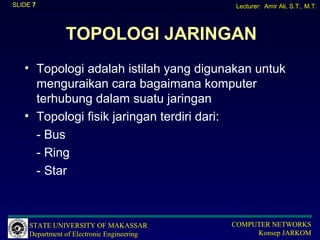 SLIDE 7                                      Lecturer: Amir Ali, S.T., M.T.




                TOPOLOGI JARINGAN
   • Topologi adalah istilah yang digunakan untuk
     menguraikan cara bagaimana komputer
     terhubung dalam suatu jaringan
   • Topologi fisik jaringan terdiri dari:
     - Bus
     - Ring
     - Star



     STATE UNIVERSITY OF MAKASSAR           COMPUTER NETWORKS
     Department of Electronic Engineering        Konsep JARKOM
 