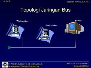 SLIDE 8                                                    Lecturer: Amir Ali, S.T., M.T.




                 Topologi Jaringan Bus

             Workstation                                             Server

                                            Workstation




     STATE UNIVERSITY OF MAKASSAR                         COMPUTER NETWORKS
     Department of Electronic Engineering                      Konsep JARKOM
 