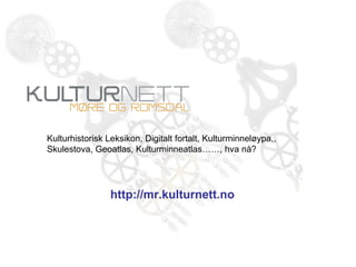 Kulturnett MR ,[object Object],http://mr.kulturnett.no Kulturhistorisk Leksikon, Digitalt fortalt, Kulturminneløypa,, Skulestova, Geoatlas, Kulturminneatlas……, hva nå? 