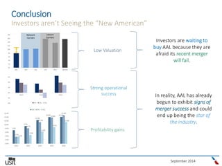 September 2014
Conclusion
Investors aren’t Seeing the “New American”
Low Valuation
Strong operational
success
Profitability gains
Investors are waiting to
buy AAL because they are
afraid its recent merger
will fail.
In reality, AAL has already
begun to exhibit signs of
merger success and could
end up being the star of
the industry.
 