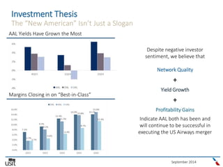 September 2014
Investment Thesis
The “New American” Isn’t Just a Slogan
AAL Yields Have Grown the Most
Margins Closing in on “Best-in-Class”
Despite negative investor
sentiment, we believe that
Network Quality
+
Yield Growth
+
Profitability Gains
Indicate AAL both has been and
will continue to be successful in
executing the US Airways merger
 